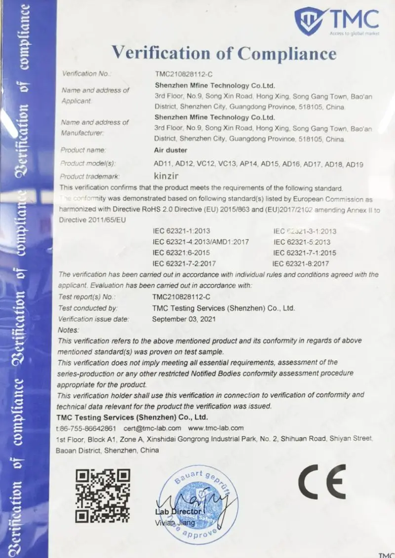 CE Kinzir Air duster certificate of Verification of Compliance