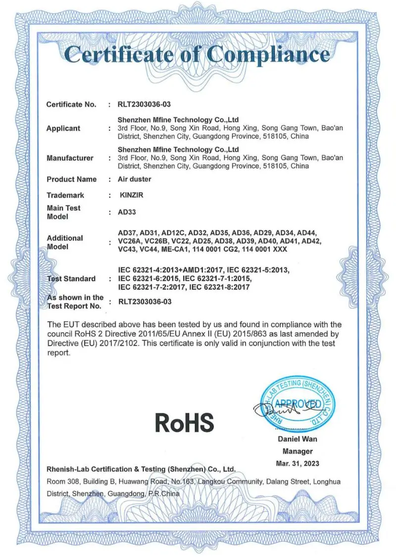 Kinzir air duster Certificate of Compliance RoHS 2 Directive