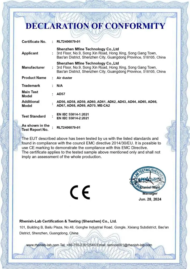 air duster Declaration of Conformity with CE marking EUT Equipment Under Test