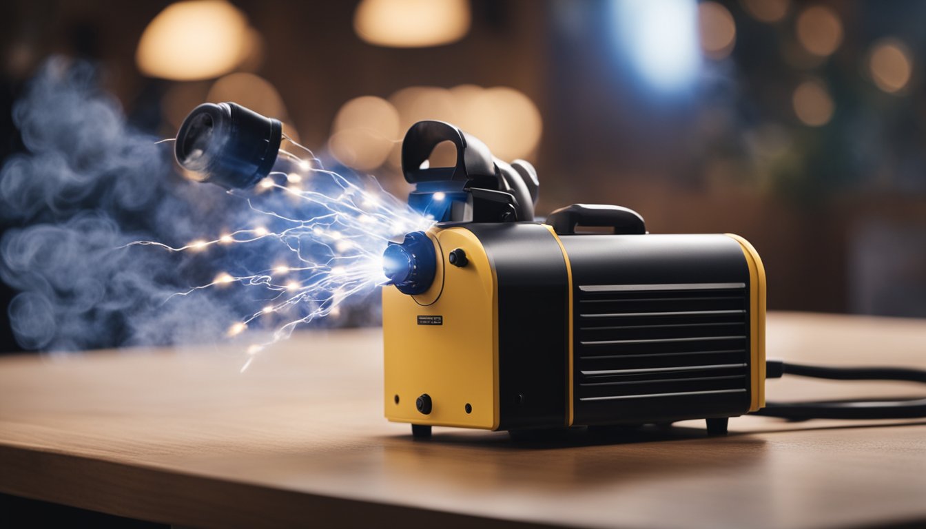 An electric air duster emits sparks and smoke while a user struggles to troubleshoot the malfunctioning device