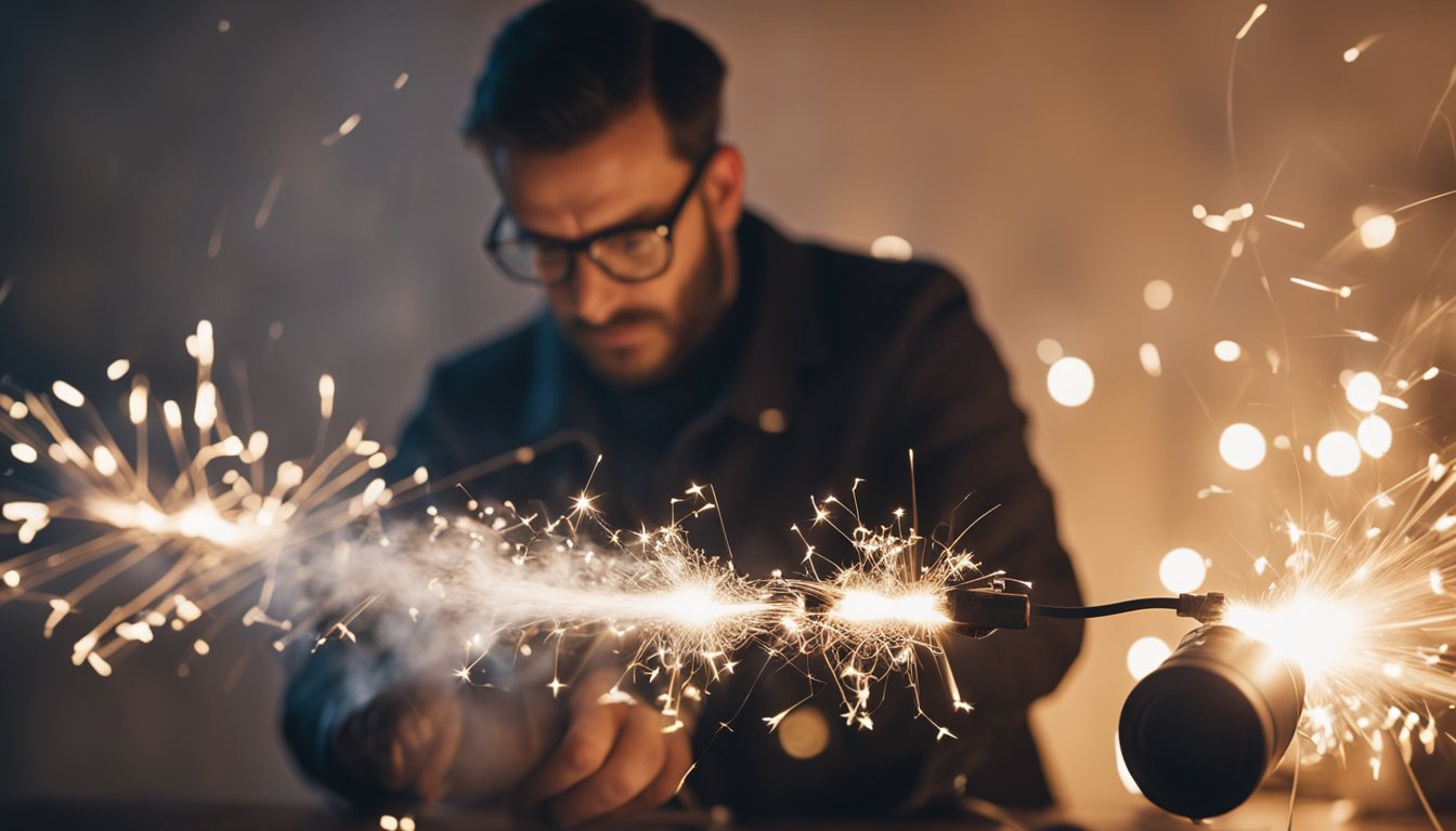 An electric air duster emitting sparks and smoke, with a tangled cord and a frustrated user trying to troubleshoot the problem