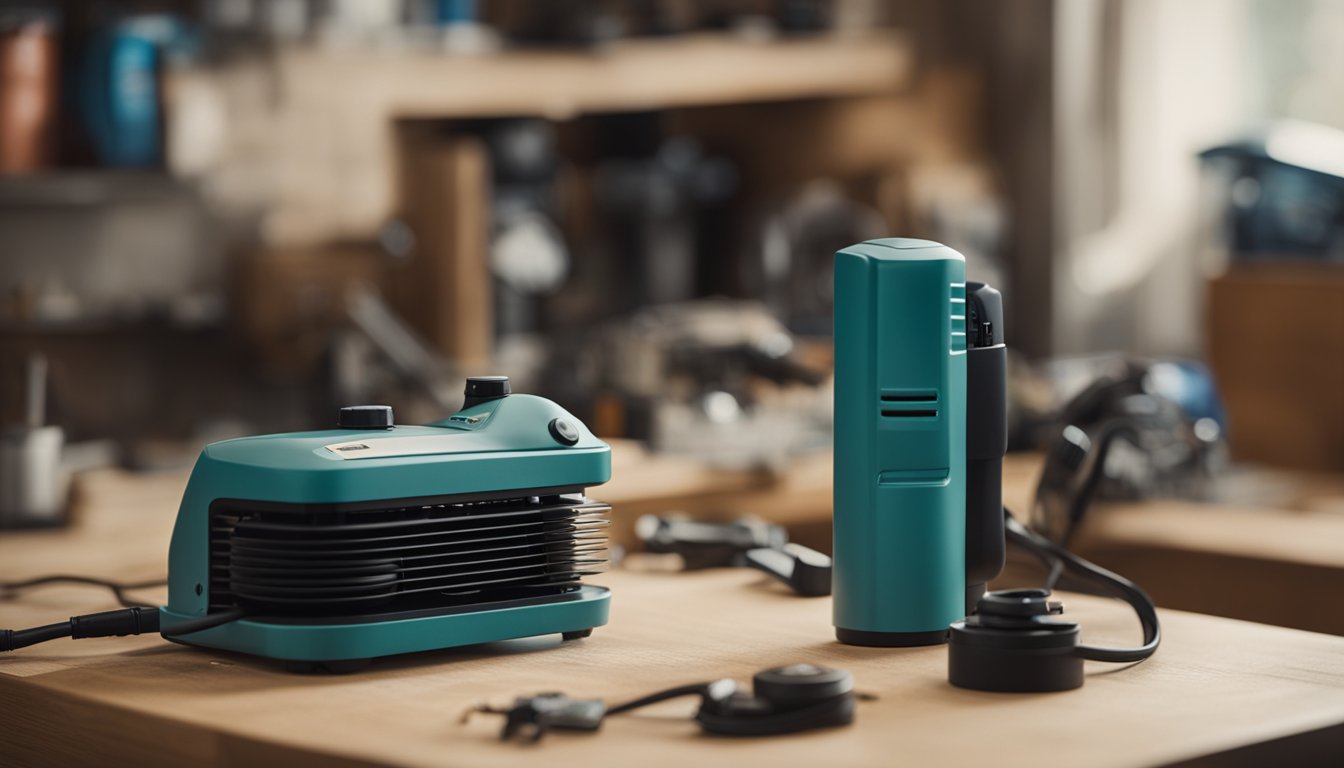 An old manual air duster sits next to a sleek new electric model on a cluttered workbench