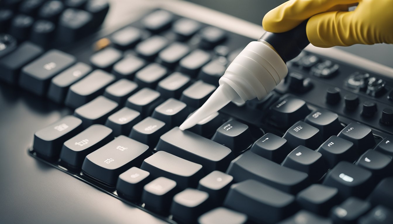 An air duster being used to clean a dusty computer keyboard. The evolution from manual to electric air dusters is shown through the transition from a hand-pumped canister to a sleek, cordless electric device