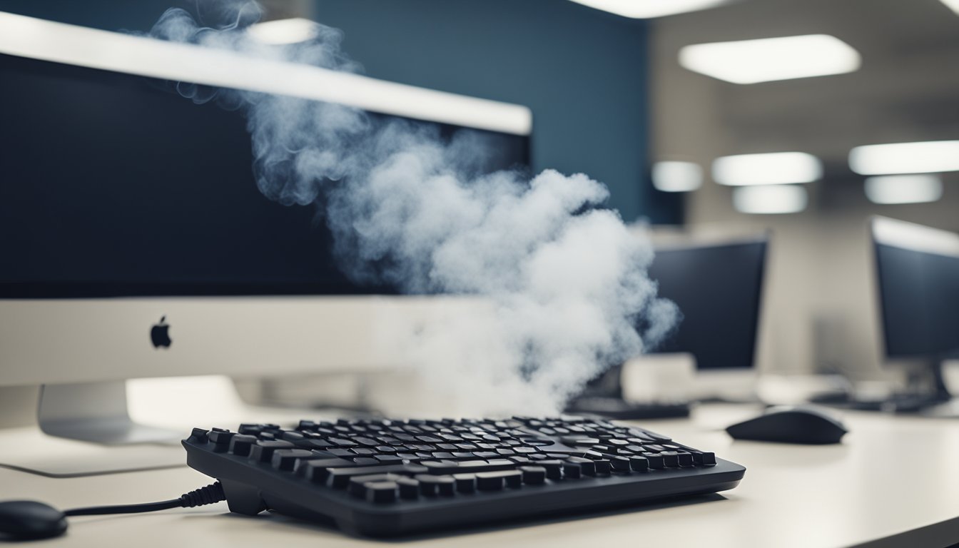 An electric air duster in use, blowing dust off a computer keyboard and other electronic devices on a clean desk in a modern office setting