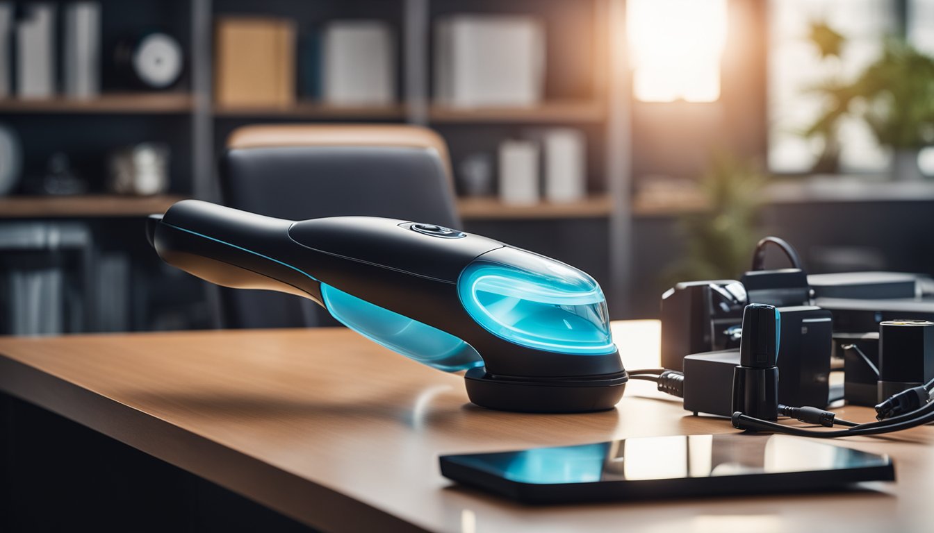 An electric air duster sits on a sleek, futuristic desk, surrounded by advanced technology and innovative gadgets