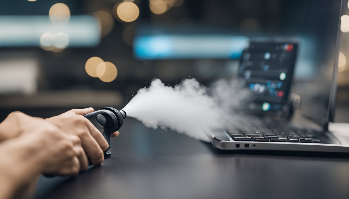 A hand holding an air duster, spraying it onto various surfaces like a keyboard, computer screen, and electronic devices. Dust particles being blown away