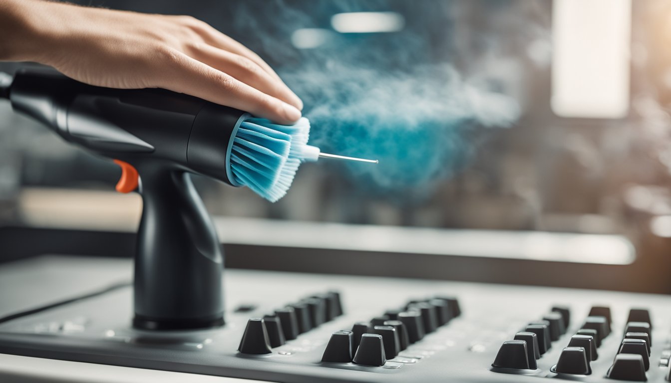 An air duster being used to clean various surfaces such as electronics, keyboards, and other delicate items