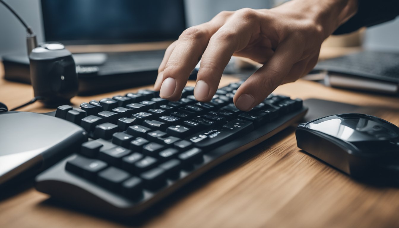 A hand reaching for a can of compressed air, surrounded by electronic devices and a dusty keyboard