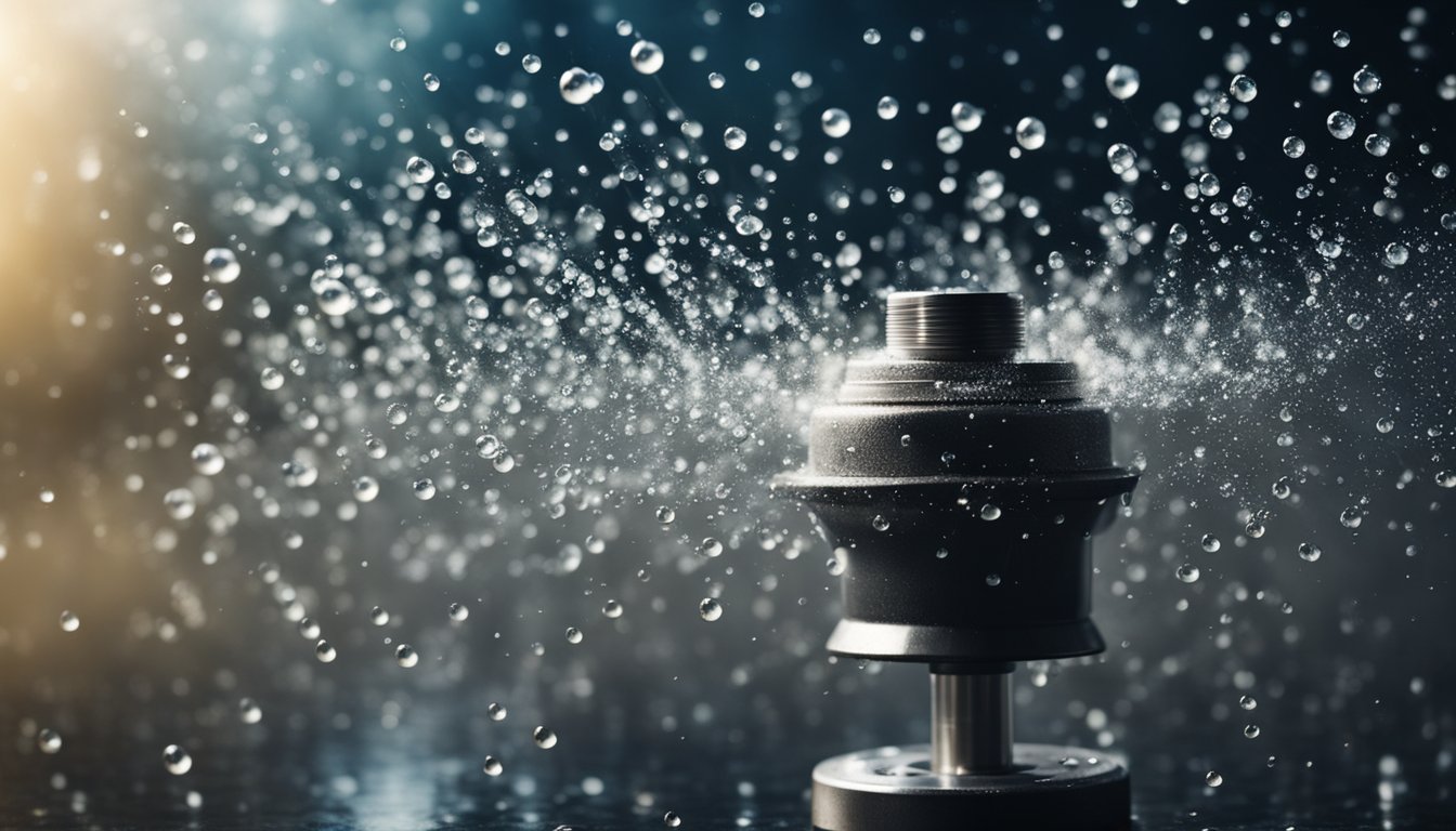 An air duster hovers over a wet surface, with droplets of water glistening in the light