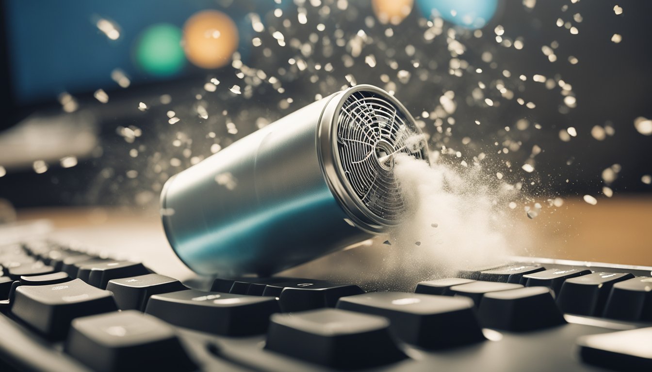 A can of high-pressure air duster spraying dust off a computer keyboard